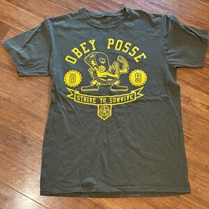 Obey Posse Dark Green Tee with Yellow Graphic size Large